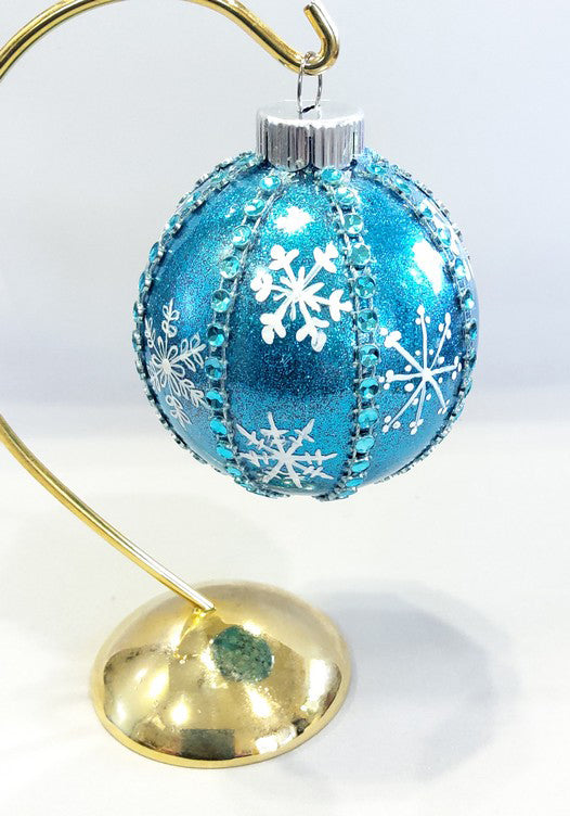 Metallic Blue with Trim and Snowflakes Glass Christmas Ornament