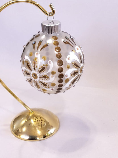 Gold and White Mandala Design Glass Christmas Ornament