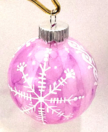 Fuchsia and White Drip with Snowflakes Glass Christmas Ornament