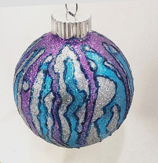 Purple, Blue and Silver Drip Pattern Glass Christmas Ornament