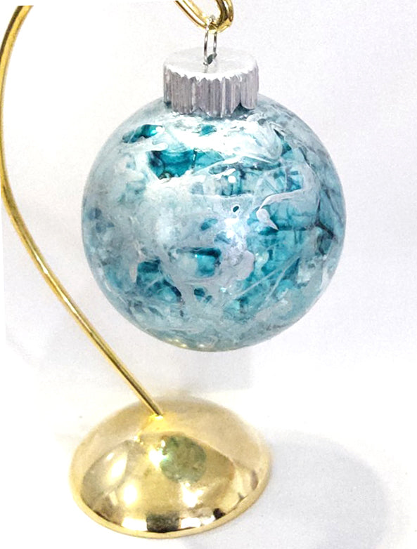 Aqua and Silver Marble Effect Glass Christmas Ornament