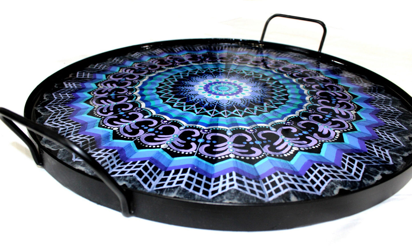 Fan Mandala Metal & Wood Serving Tray, Decorative Tray, Gift