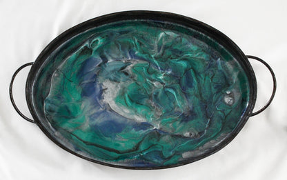 Rustic Metal Serving Tray with Green and Blue Marbled Resin