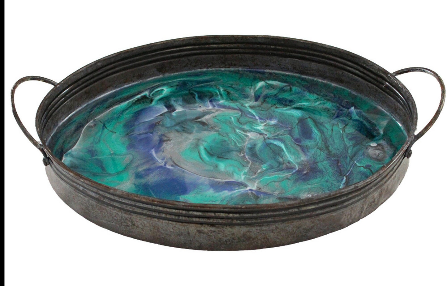 Rustic Metal Serving Tray with Green and Blue Marbled Resin