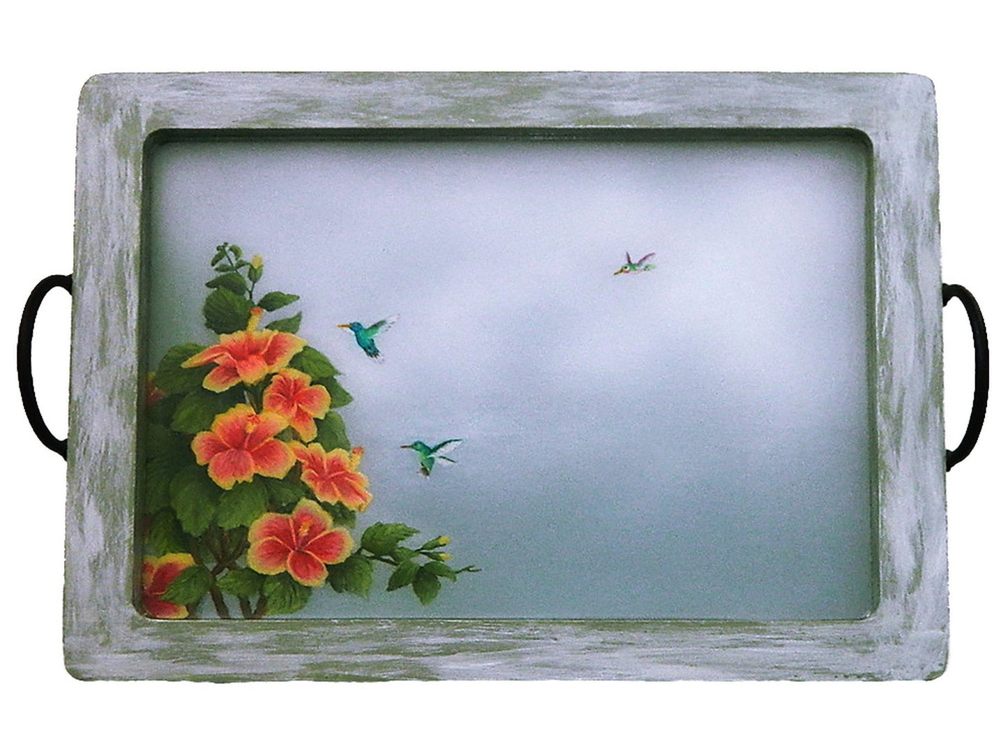 Hibiscus With Hummingbirds Hand Painted Wood Serving Tray