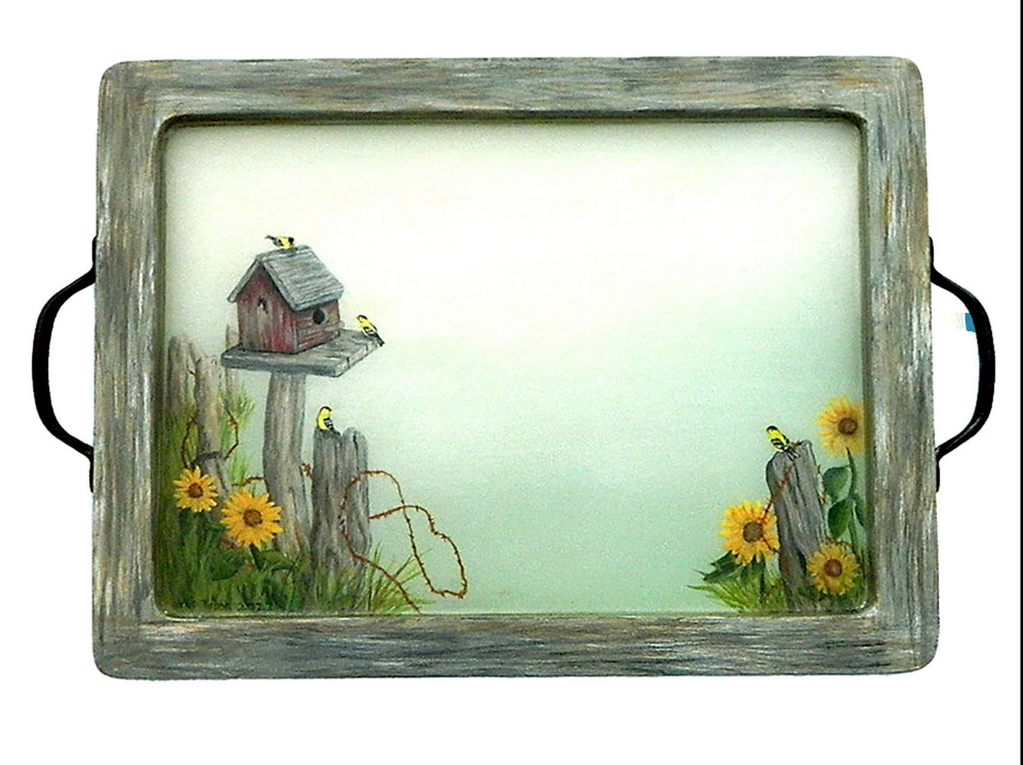 Rustic Birdhouse With Sunflowers Hand Painted Serving Tray