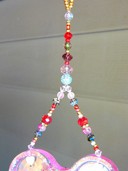 Handmade Resin Hearts and Colorful Beads Suncatcher Mobile