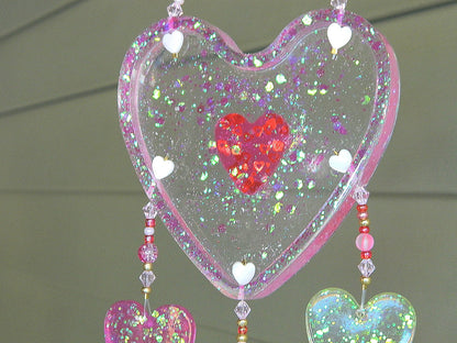 Handmade Resin Hearts and Colorful Beads Suncatcher Mobile