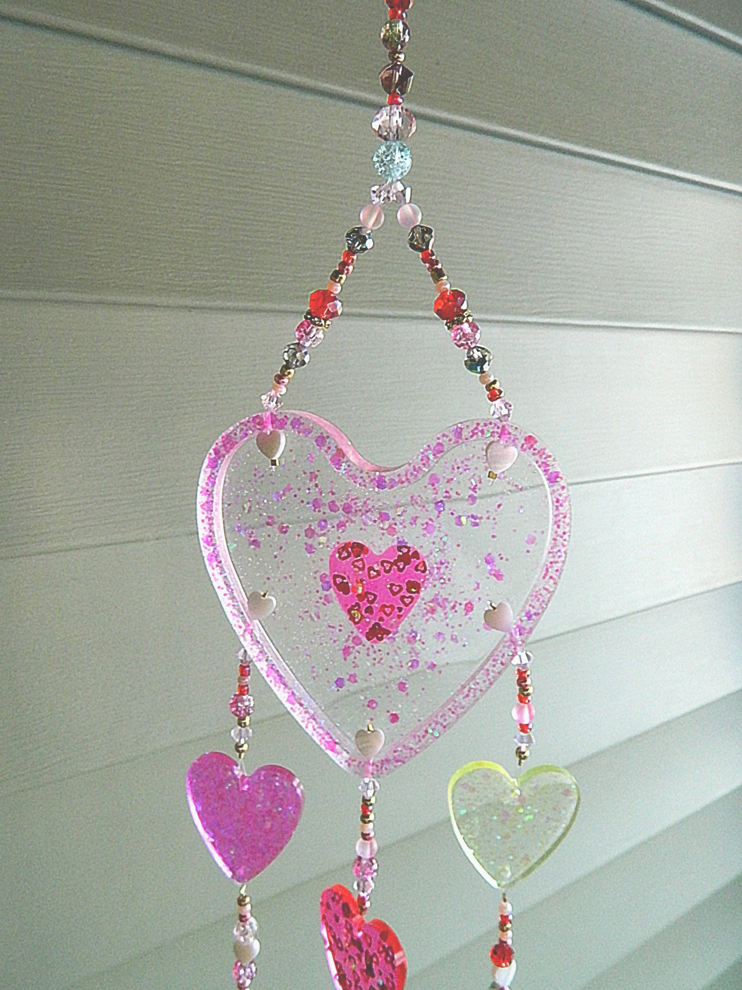 Handmade Resin Hearts and Colorful Beads Suncatcher Mobile