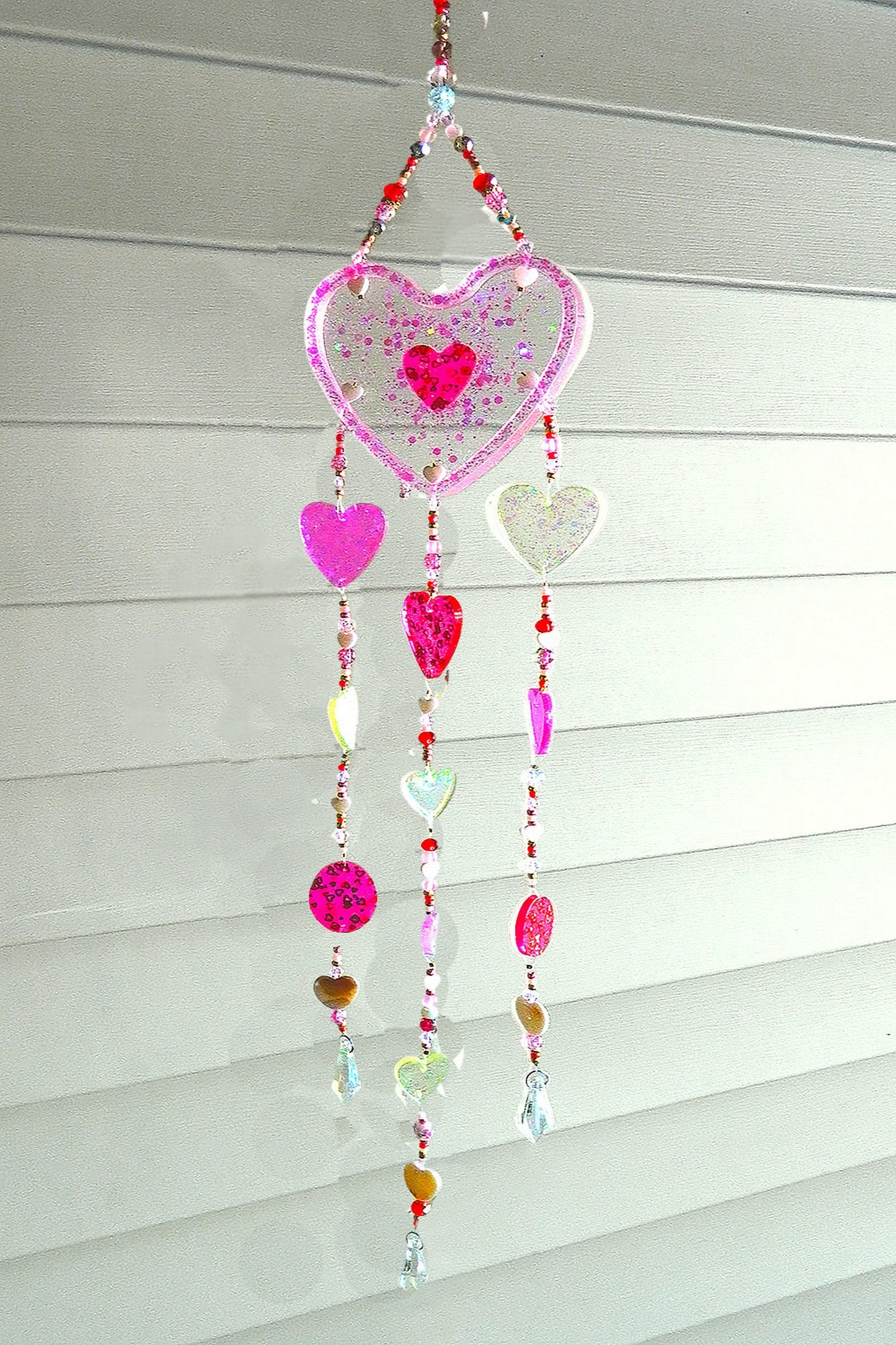 Handmade Resin Hearts and Colorful Beads Suncatcher Mobile