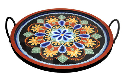 Earthy Mandala Serving Tray Metal & Wood, Kitchen Organizer