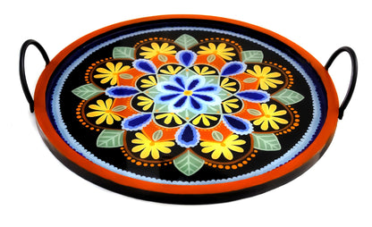 Earthy Mandala Serving Tray Metal & Wood, Kitchen Organizer