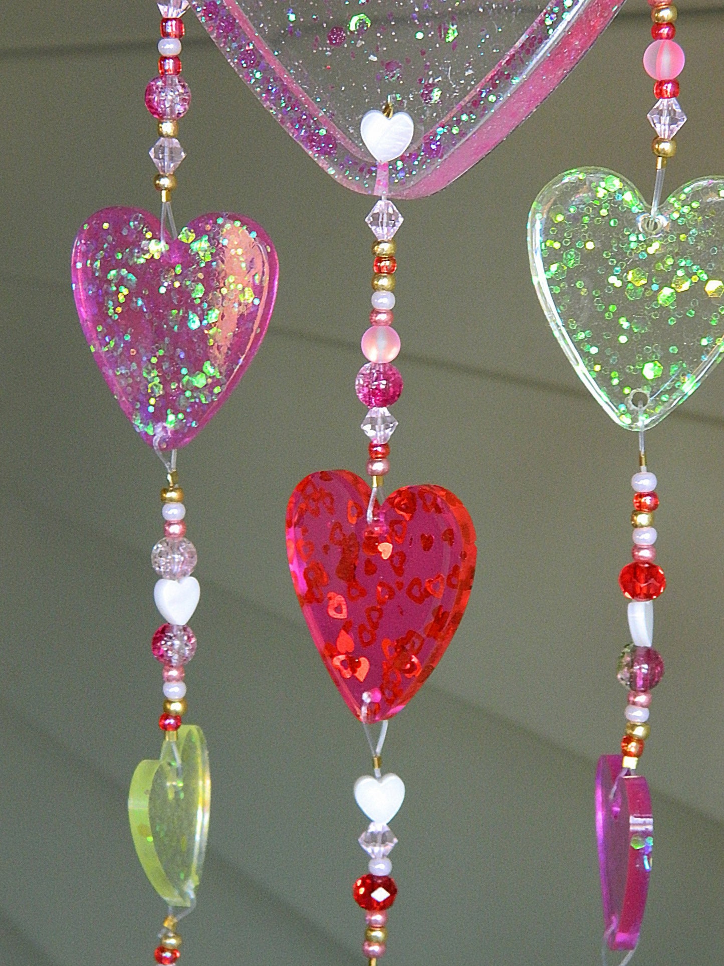 Handmade Resin Hearts and Colorful Beads Suncatcher Mobile