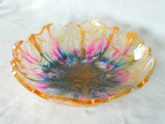 Large Gold Blue Fuchsia Bowl, Floral Design, Handcrafted Serving Bowl, Kitchen Centerpiece, Artistic Serving Dish, Colorful Kitchen Decor