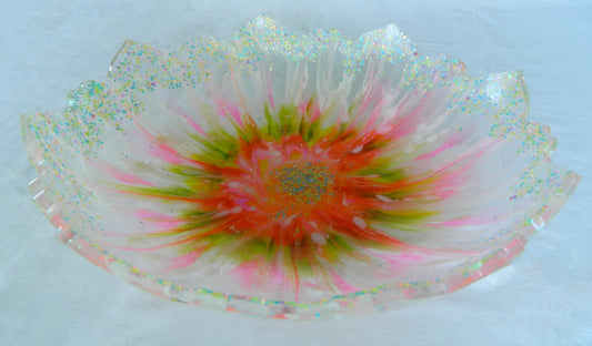 Fanciful Pink Green and White Resin Bowl with Bloom and Glitter , Unique Design, Artistic Bowl, Statement Piece,  Modern decor, Party Bowl