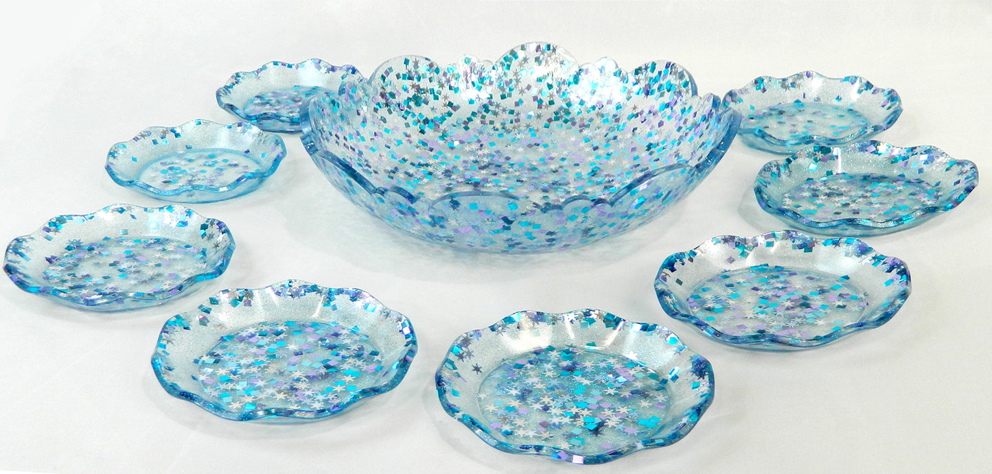 Blue and Silver Confetti Resin Bowl & Plate Set, Serving Set