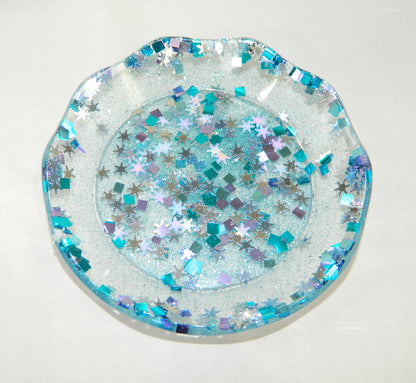 Blue and Silver Confetti Resin Bowl & Plate Set, Serving Set