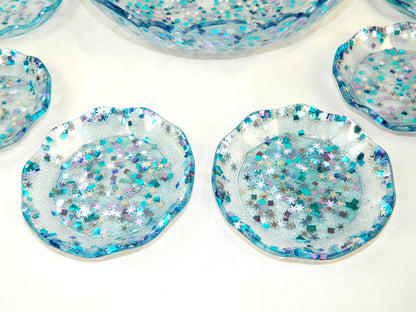 Blue and Silver Confetti Resin Bowl & Plate Set, Serving Set