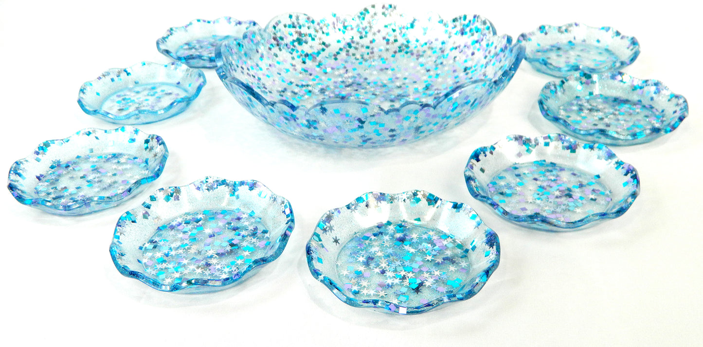 Blue and Silver Confetti Resin Bowl & Plate Set, Serving Set