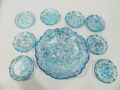 Blue and Silver Confetti Resin Bowl & Plate Set, Serving Set