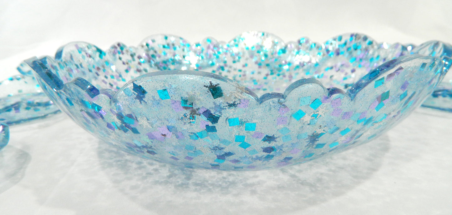 Blue and Silver Confetti Resin Bowl & Plate Set, Serving Set