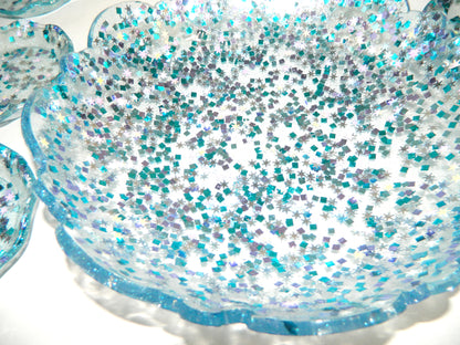 Blue and Silver Confetti Resin Bowl & Plate Set, Serving Set